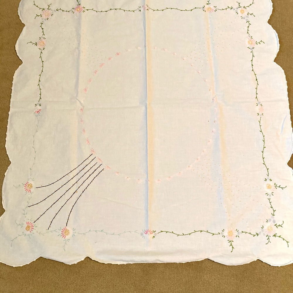 Vintage Embroidered White TableclothTable Topper 32” x 34”
